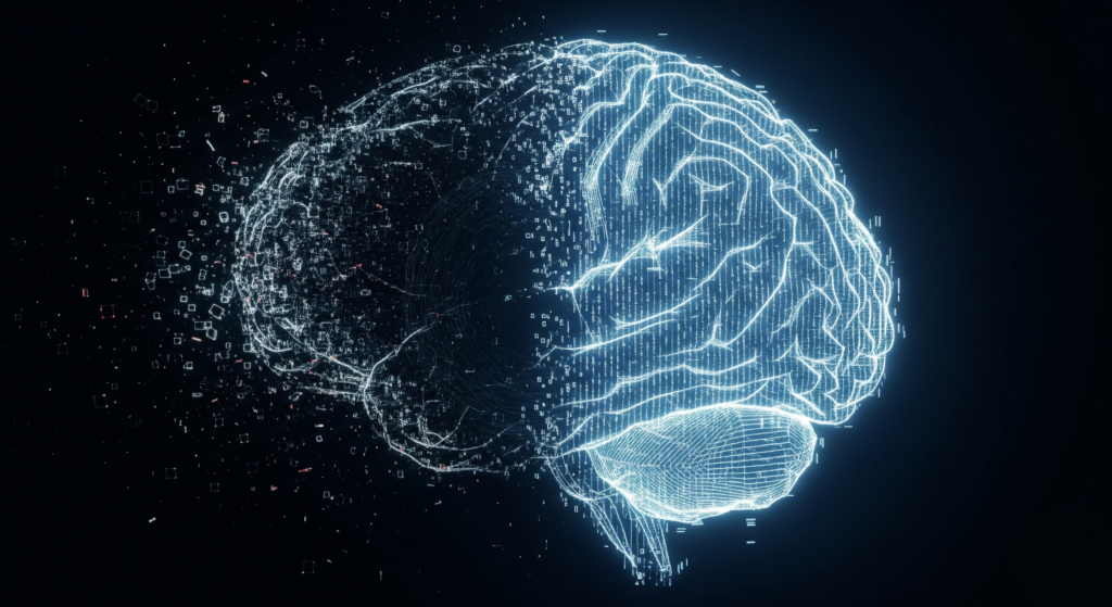 A digital brain made of glowing code, with its left side dissolving and fragmenting to symbolize the concept of AI project failure and system breakdown.