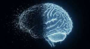 A digital brain made of glowing code, with its left side dissolving and fragmenting to symbolize the concept of AI project failure and system breakdown.