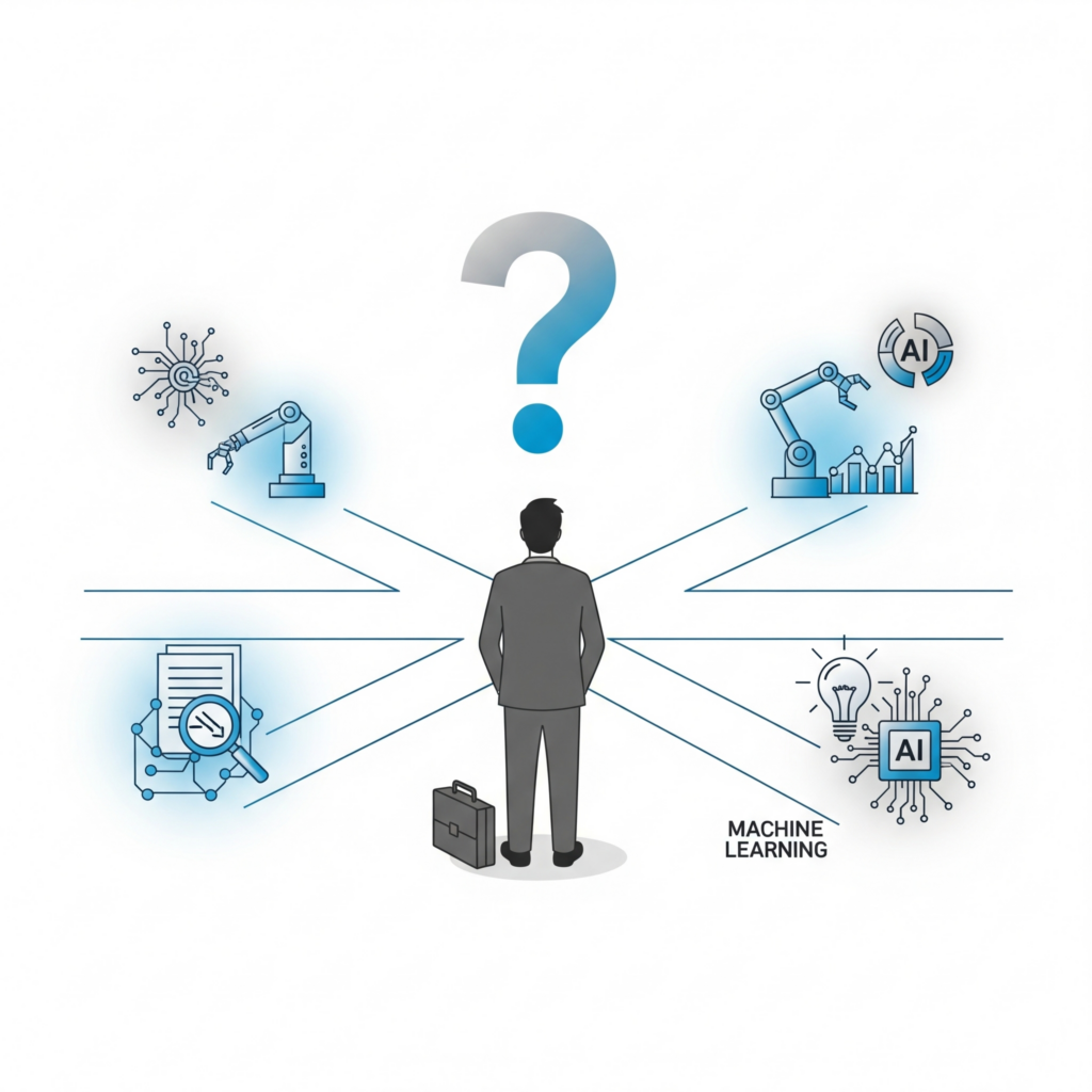 A business person stands at a crossroads, looking up at a large question mark, surrounded by various AI technologies like robotic arms, data analysis, and machine learning circuits, symbolizing the challenge of choosing the right AI projects.
