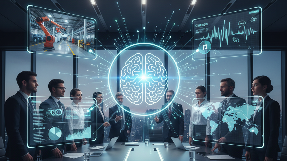 A group of diverse executives in a modern boardroom, surrounding a holographic display of a glowing brain icon central to various data projections including a factory robot arm, an audio waveform, and a global map.