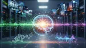 A central glowing brain icon, representing AI, with interconnected streams of various data types including images, video thumbnails, audio waveforms, and text/code snippets, all within a futuristic server room environment.