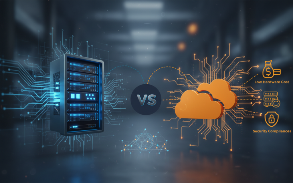 A futuristic visual comparing on-premises vs cloud-based LLM deployment options. On the left, a physical server rack glows within a server room, representing on-premises infrastructure. On the right, a digital cloud symbol is connected to icons highlighting key benefits like low hardware cost and security compliances, representing a cloud-based solution.