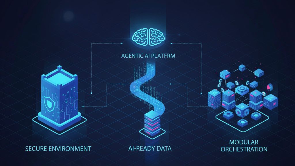 Isometric diagram illustrating the architecture of an agentic AI platform, highlighting three core pillars: a secure environment (walled garden), AI-ready data foundations, and modular orchestration for autonomous workflows.