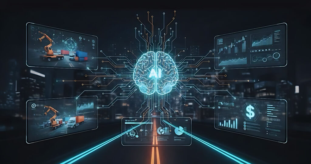 A glowing digital brain labeled "AI" sits at the center of a complex network of circuits, extending to five floating screens. These screens display various business operations: robotic arms moving containers, data analytics charts, financial dashboards with dollar signs, and logistics management, all representing integrated AI automation processes orchestrated by the central intelligence of Agentic AI.