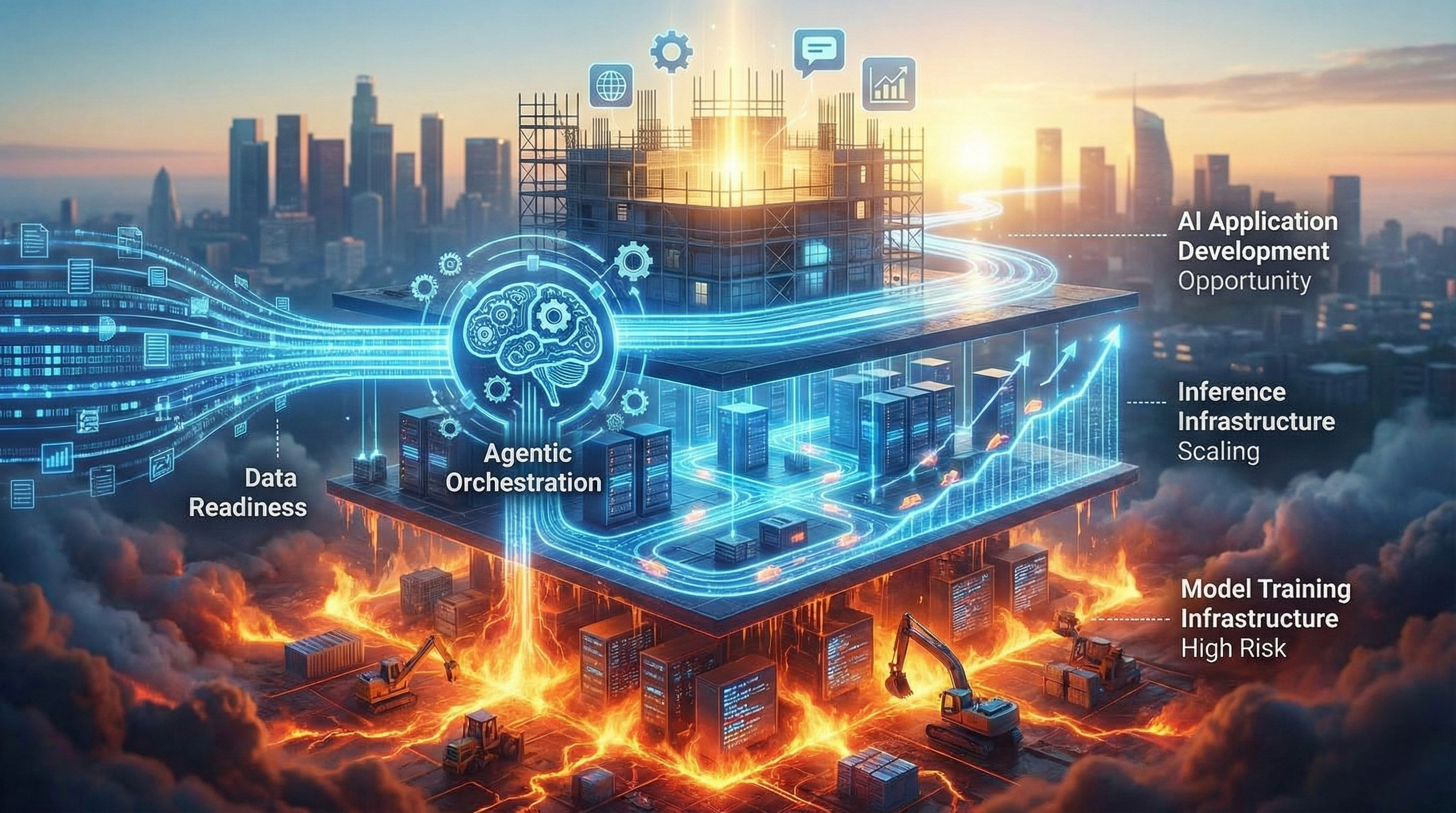 Futuristic 3D illustration of the Enterprise Generative AI stack layers: application development, inference infrastructure, and model training, connected by glowing data readiness streams and agentic orchestration workflows in a digital city environment.