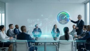 A C-suite executive team in a boardroom looks at a holographic "DATA READINESS INDEX" gauge presented by a leader, showing a high score.