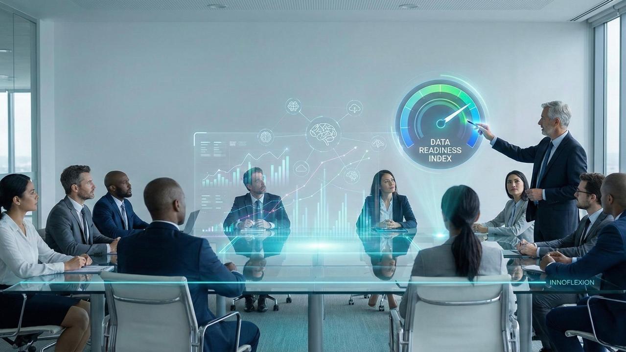 A C-suite executive team in a boardroom looks at a holographic "DATA READINESS INDEX" gauge presented by a leader, showing a high score.