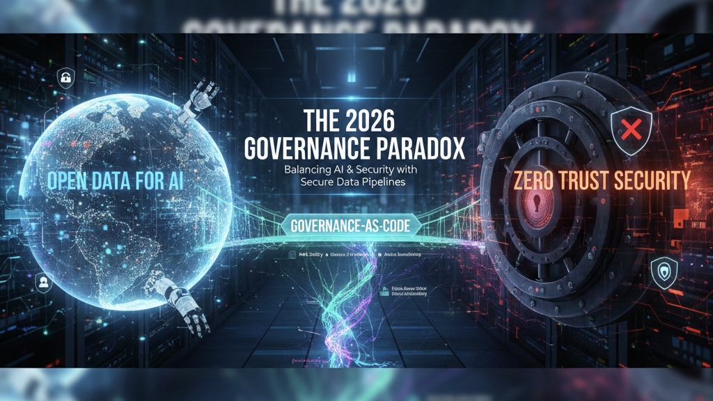 A futuristic data center visual representing the balance between Open Data for AI and Zero Trust Security through Governance-as-Code pipelines.