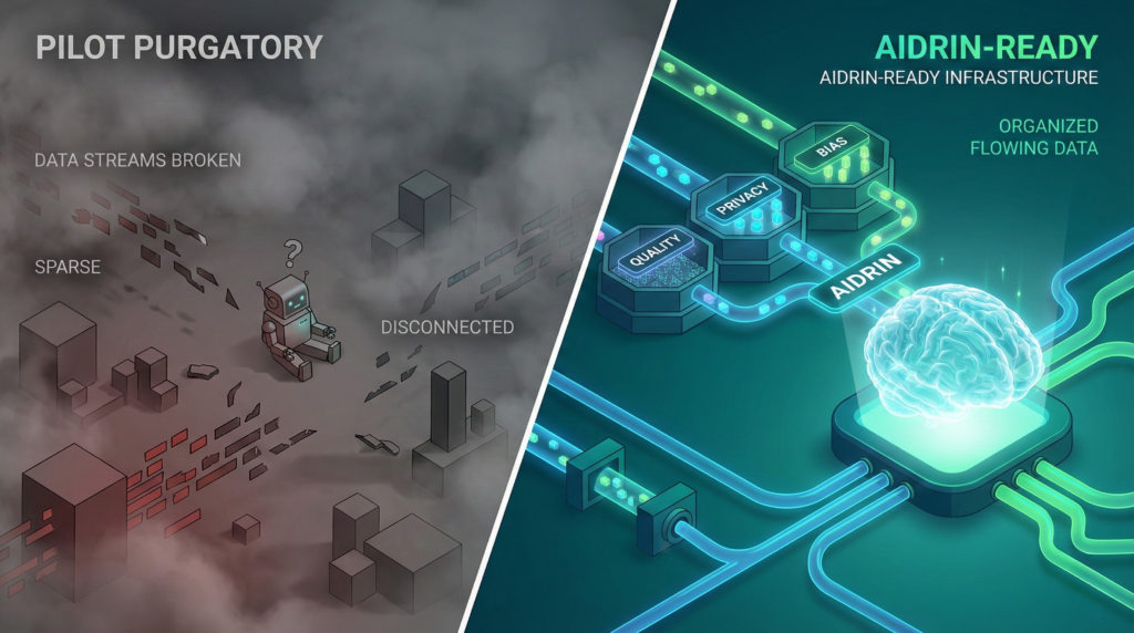 Split-screen 3D illustration comparing low AI Data Readiness (left) featuring a confused robot amidst chaotic, broken data streams, versus high AI Data Readiness (right) showing an organized AIDRIN infrastructure with hexagonal filters for Quality, Privacy, and Bias feeding a clear AI brain.