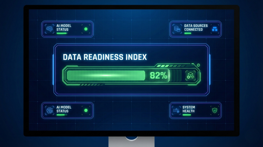 Futuristic dark blue dashboard interface displaying a central glowing green progress bar for "DATA READINESS INDEX" (DRI) with a reading of "82%". Surrounding modules show "AI MODEL STATUS", "DATA SOURCES CONNECTED", and "SYSTEM HEALTH" all with green indicators.