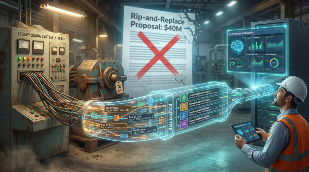 An industrial factory floor showing a glowing digital pipeline called a "data scaffold" connecting a 1994 legacy SCADA machine to a modern AI server. The pipeline visually transforms raw, unstructured data into organized, AI-ready data blocks. In the background, a large "$40M Rip-and-Replace Proposal" is crossed out with a red X. An engineer in a hard hat smiles while monitoring the AI dashboards on a tablet.