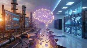 A high-tech, split-screen conceptual illustration in 16:9 ratio. The left side depicts a rugged oil refinery environment with pipes, valves, and digital gauges representing SCADA data. The right side features a clean, futuristic server room with holographic financial charts representing ERP systems. A jagged, glowing crack in the ground separates the two worlds, with data streams and binary code dissolving into the void between them, symbolizing data fragmentation.