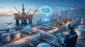 A futuristic visualization of an oil and gas facility at twilight. The scene depicts an offshore rig and refinery pipes overlaid with glowing blue digital networks and a holographic artificial intelligence brain. Aerial drones scan the infrastructure while a worker in the foreground holds a tablet displaying data analytics, symbolizing the use of AI for real-time monitoring and predictive maintenance in the energy sector.