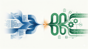A clean, minimalist 16:9 aesthetic illustration showing the transition from blue-toned generative AI data streams on the left to green-toned agentic AI loops and API icons on the right, symbolizing the move from content creation to autonomous execution.