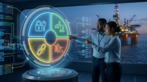 Diverse professionals in a futuristic oil and gas control room interact with a four-segmented holographic data visualization (showing AI, security, data structure, and blockchain icons). An illuminated offshore platform is visible in the background over the ocean at twilight.