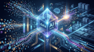 Abstract digital illustration showing scattered raw data streams entering a glowing central core, where they are filtered and transformed into organized, structured circuits, representing enterprise data readiness for AI.
