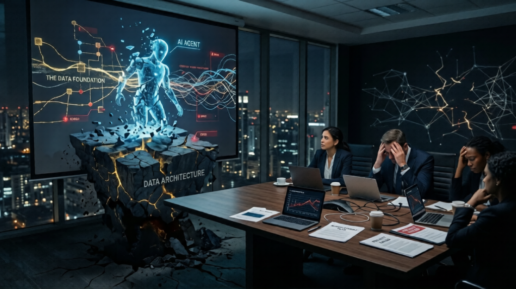 A graphic visualizing enterprise AI failure as a large, crumbling rock pedestal with a fractured holographic human avatar standing atop it. Text labels read "THE DATA FOUNDATION" and "DATA ARCHITECTURE." Below, a group of frustrated executives in a dimly lit boardroom hold their heads in their hands.