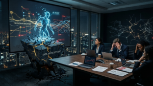 A graphic visualizing enterprise AI failure as a large, crumbling rock pedestal with a fractured holographic human avatar standing atop it. Text labels read "THE DATA FOUNDATION" and "DATA ARCHITECTURE." Below, a group of frustrated executives in a dimly lit boardroom hold their heads in their hands.