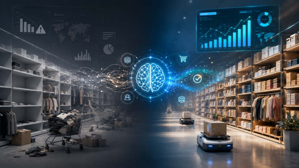 AI-powered retail inventory management illustration showing a transition from empty retail shelves to a fully optimized warehouse, connected by glowing data streams and intelligent automation.