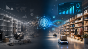 AI-powered retail inventory management illustration showing a transition from empty retail shelves to a fully optimized warehouse, connected by glowing data streams and intelligent automation.
