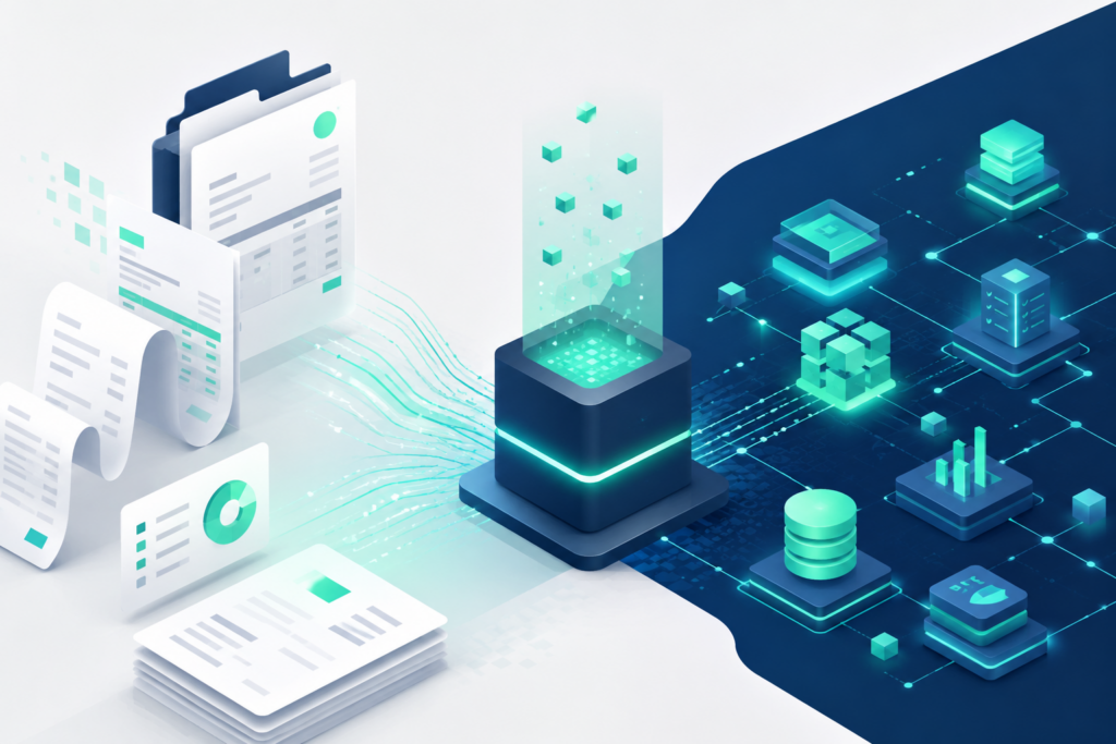 AI invoice processing system transforming digital invoices and financial documents into structured data through automated extraction, validation, and interconnected enterprise data networks in a modern finance technology environment.