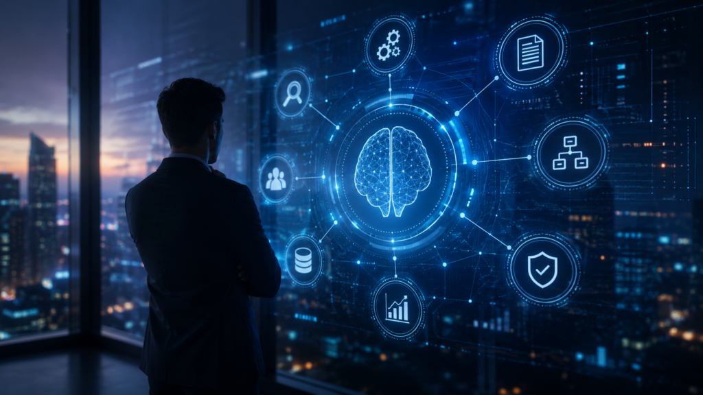 A futuristic enterprise workspace showing a professional viewing a glowing AI orchestration interface with a central neural network visualization connected to data, governance, workflow, and analytics elements against a city skyline.