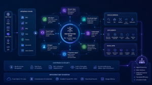 A futuristic enterprise AI architecture visualization showing multiple intelligent agents connected through a central orchestration layer. Data flows between business systems, specialized AI agents, knowledge sources, tools, models, and governance frameworks, illustrating coordinated multi-agent decision-making, automation, security, and enterprise-scale GenAI operations within a modern digital ecosystem.