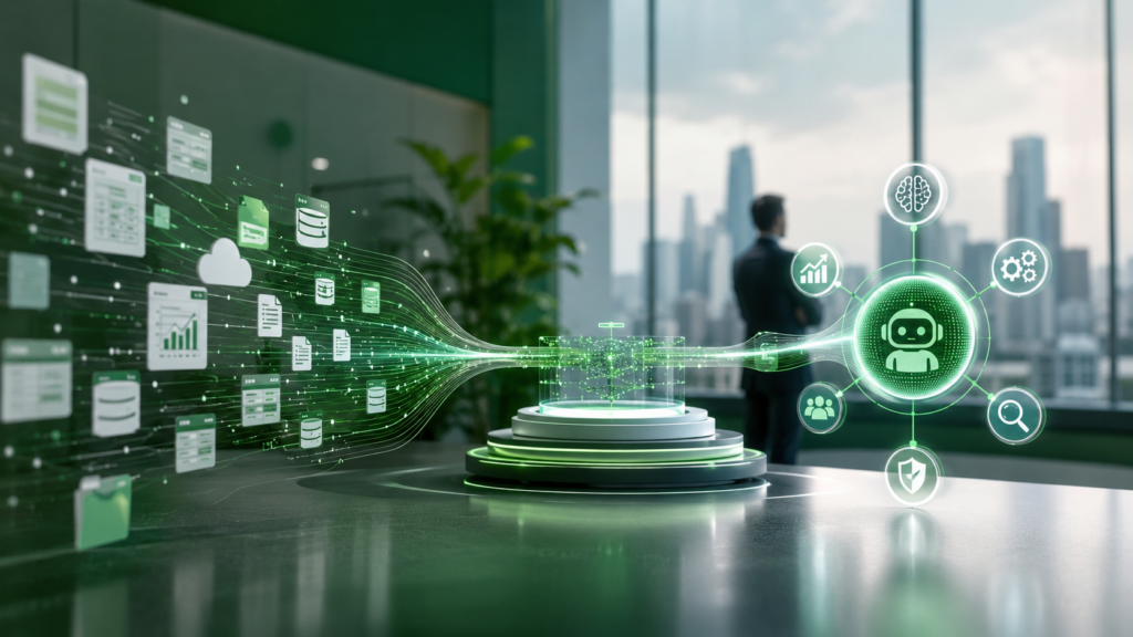 Data readiness for Agentic AI illustrated through connected enterprise data pipelines, governed information flows, and autonomous AI systems powering intelligent business operations.