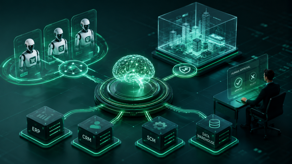 Illustration of an Agentic AI architecture showing autonomous AI agents, AI Digital Twins, enterprise systems, human-in-the-loop approval, and interconnected ERP, CRM, SCM, and data warehouse platforms.