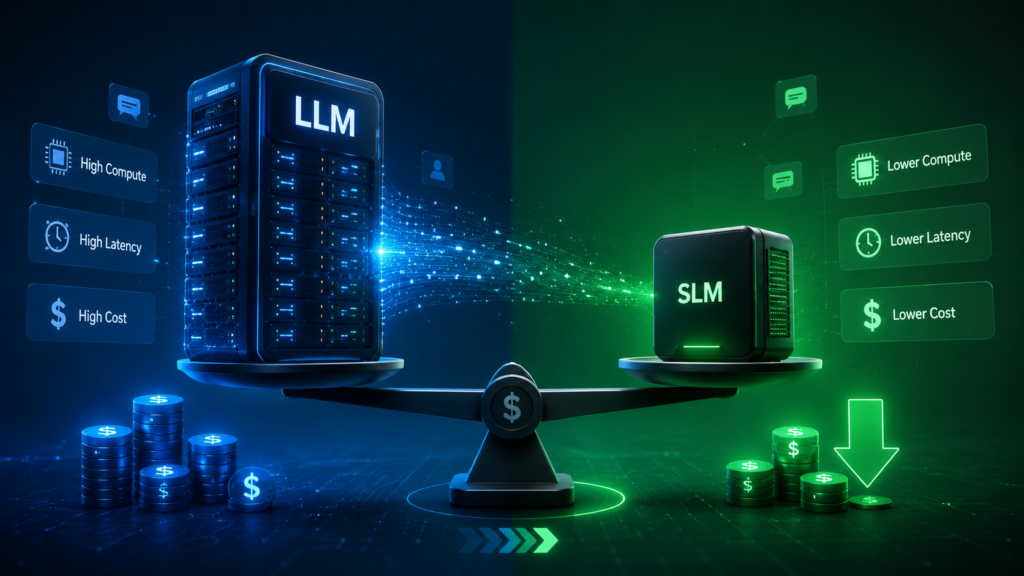 A futuristic split-screen illustration comparing a Large Language Model (LLM) server with a Small Language Model (SLM) device on a balancing scale. The LLM side highlights high compute, high latency, and high cost, while the SLM side emphasizes lower compute, faster inference, and reduced AI infrastructure costs.