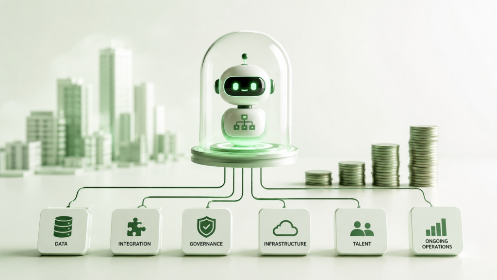 Enterprise AI agent cost concept showing an AI system connected to data, integration, governance, infrastructure, talent, and operational cost components with rising investment indicators.
