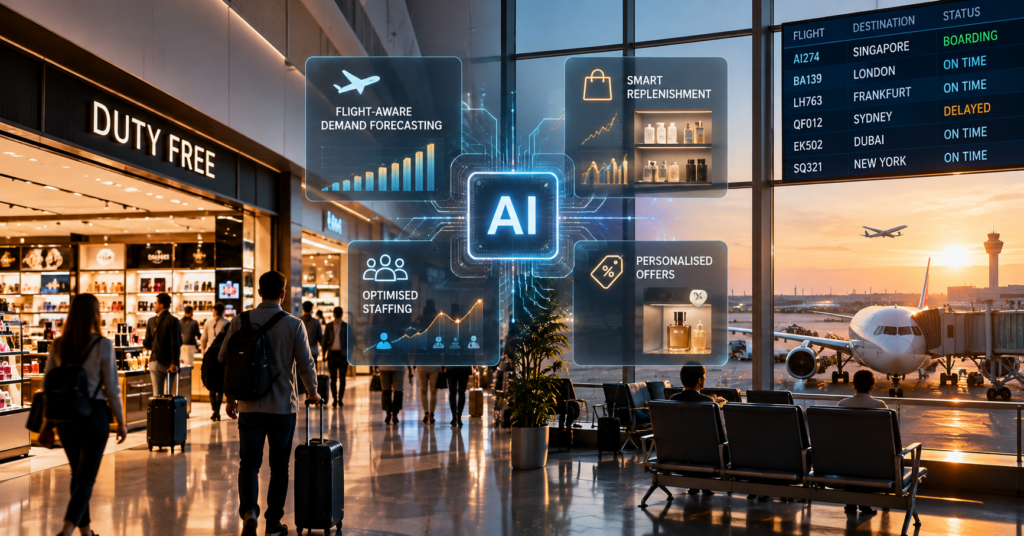 AI in airport retail using flight-aware AI agents for demand forecasting, smart inventory replenishment, staff optimisation and personalised offers in an airport duty-free store.