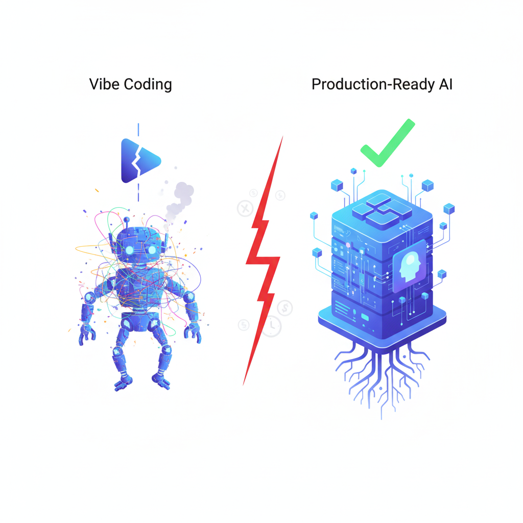 A visual contrast between "Vibe Coding" and "Production-Ready AI." On the left, a messy, glitching robot with tangled wires represents a quick, unscalable AI demo. On the right, a solid, structured server rooted in the ground with a checkmark symbolizes a robust, successful AI project.