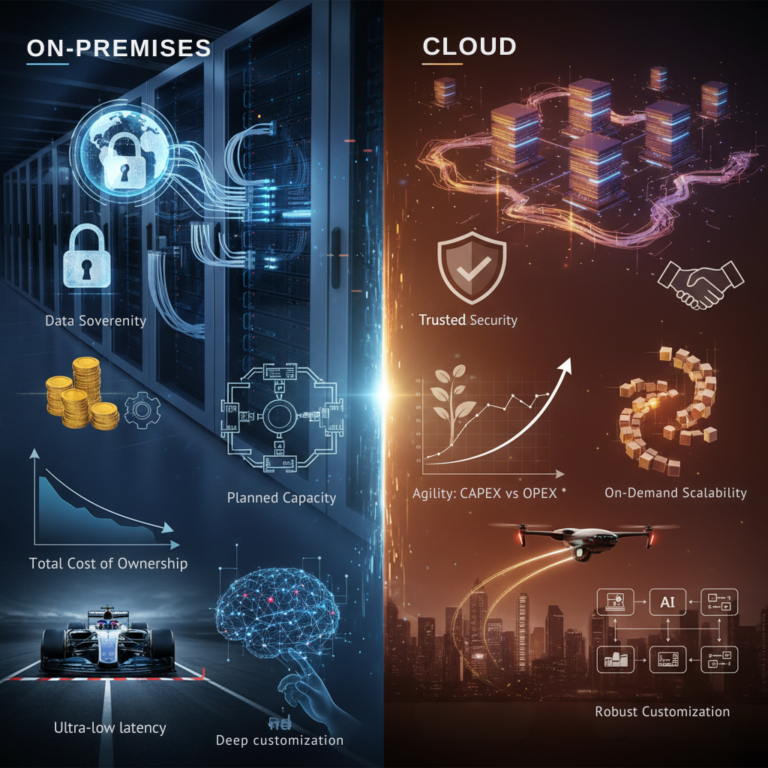A split-screen infographic visually comparing on-premises vs cloud-based LLM for Generative AI projects. The on-premises side depicts a secure server room with icons for data sovereignty, total cost of ownership, planned capacity, ultra-low latency, and deep customization. The cloud side shows a futuristic cityscape with icons for trusted security, agility, on-demand scalability, high inference speed, and robust customization.