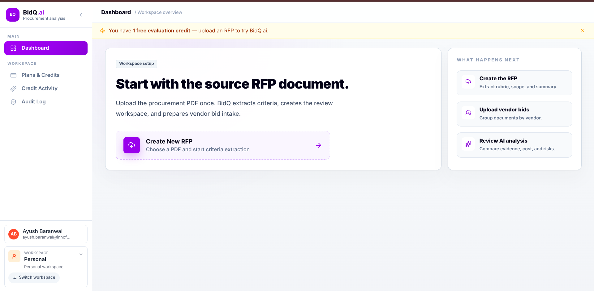 BidQ dashboard - start with the source RFP document