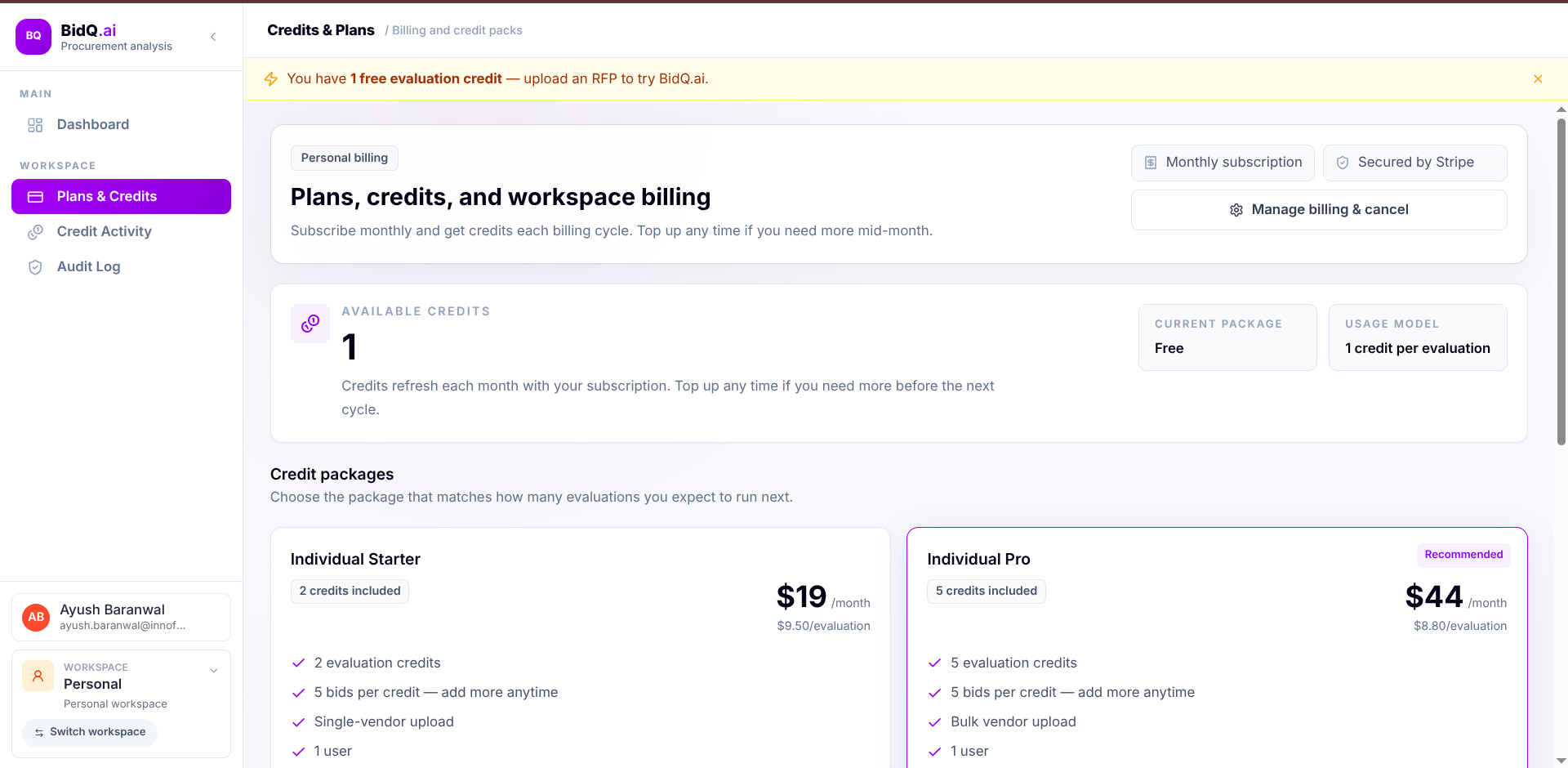 BidQ credit activity and purchase history