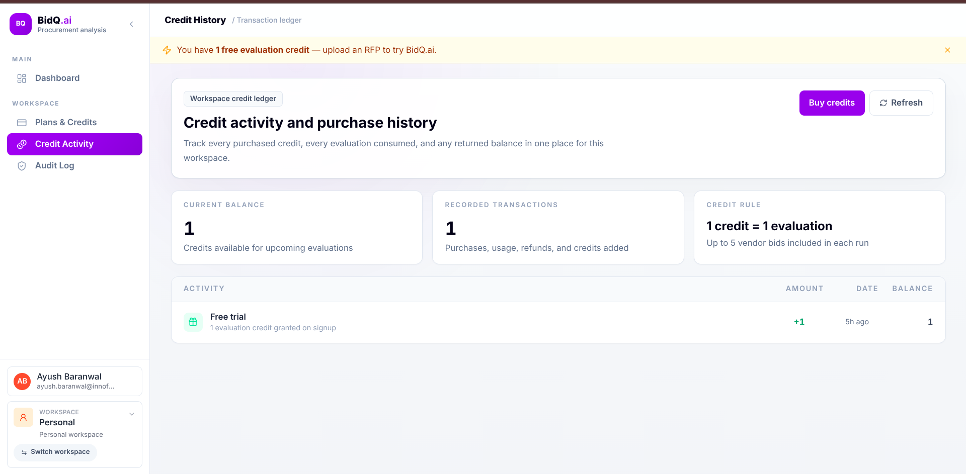 BidQ plans, credits, and workspace billing